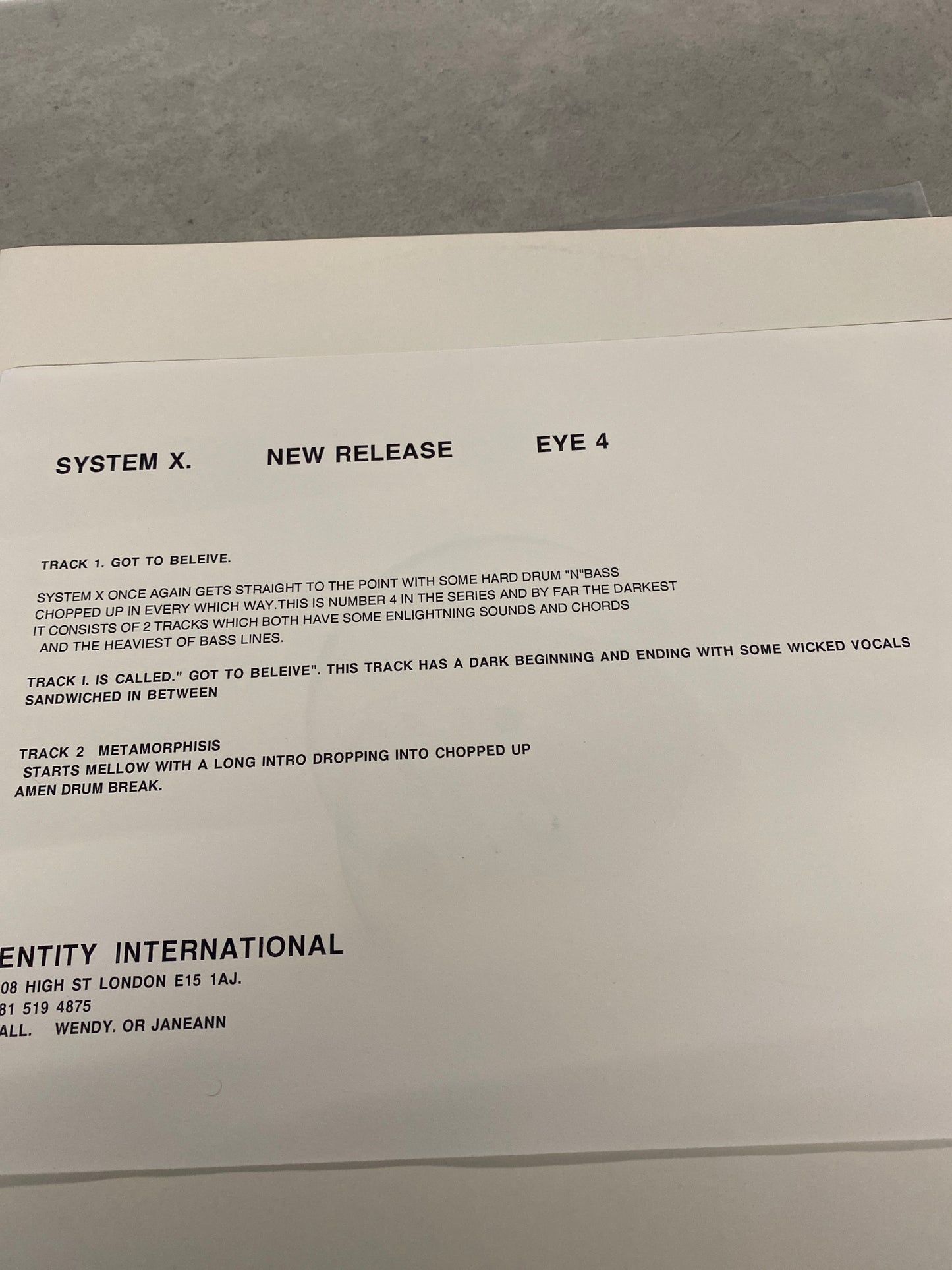 System X - Got To Believe / Metamorphisis 12” EYE  4 EX