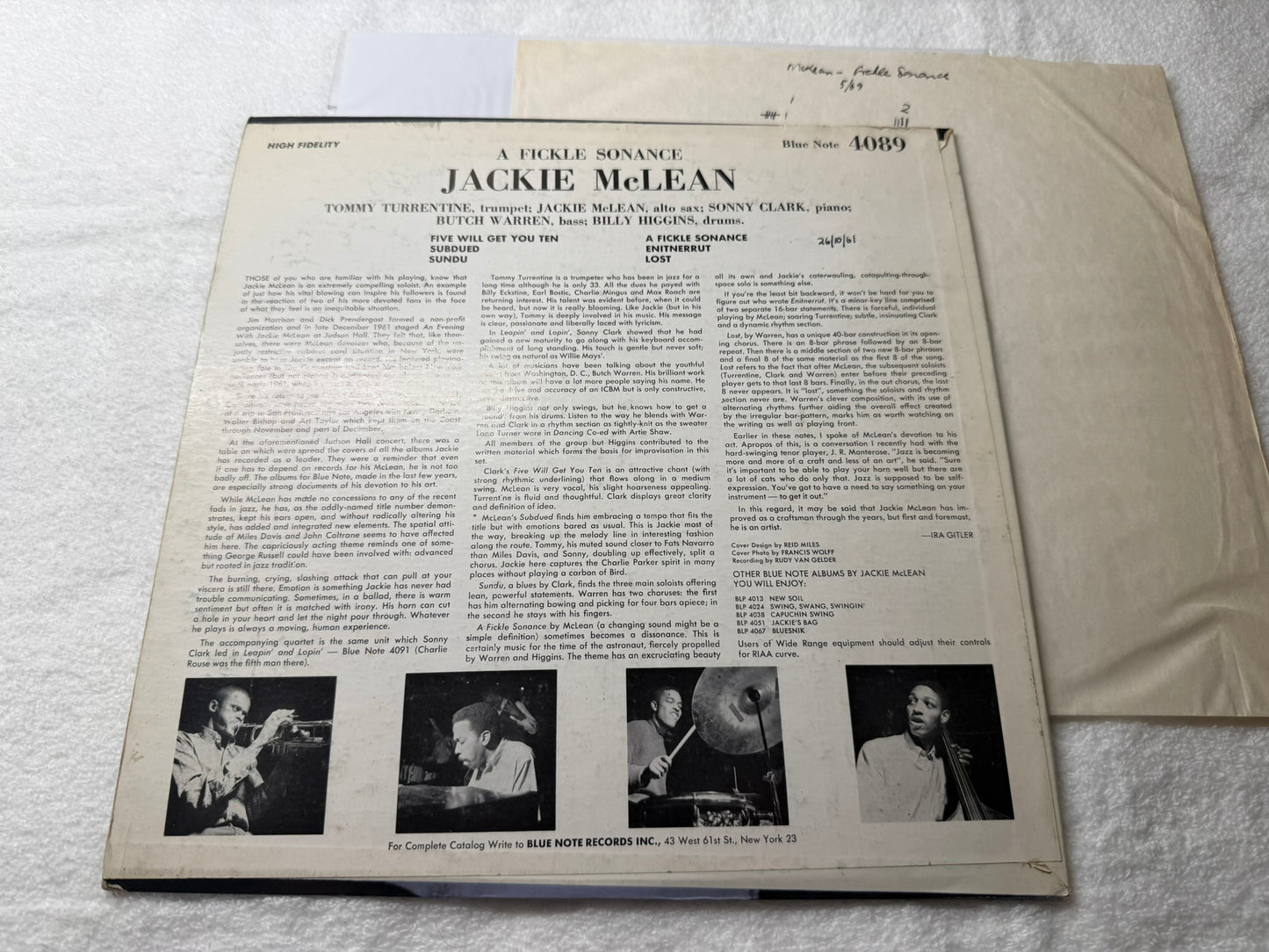 Jackie McLean – A Fickle Sonance LP US Mono 1st BLP 4089