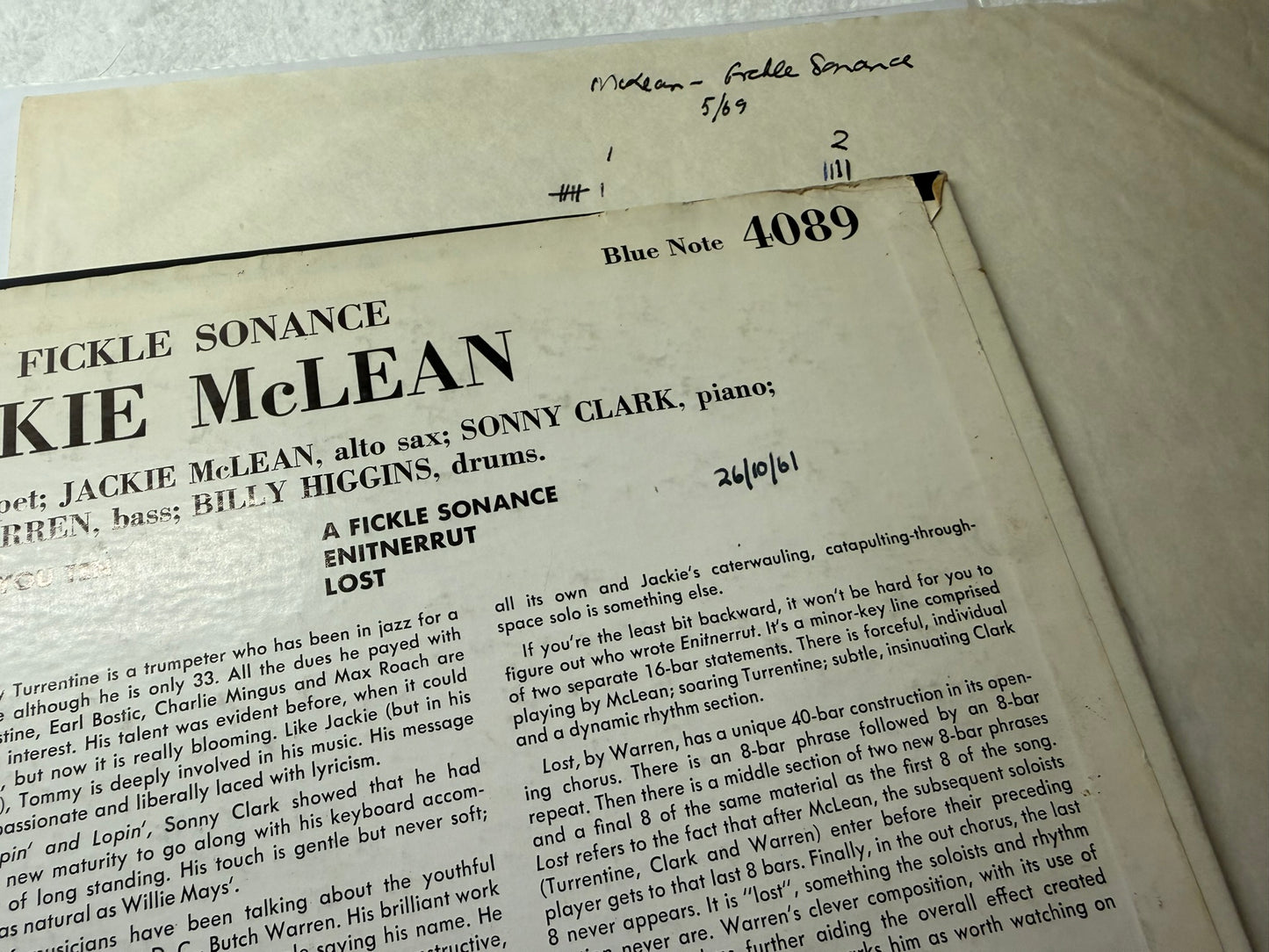 Jackie McLean – A Fickle Sonance LP US Mono 1st BLP 4089