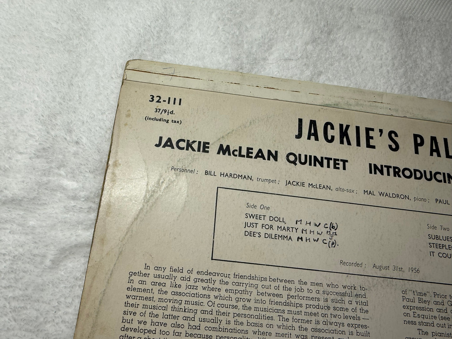 Jackie McLean Quintet Introducing Bill Hardman – Jackie's Pal UK 1st Esquire 32-111