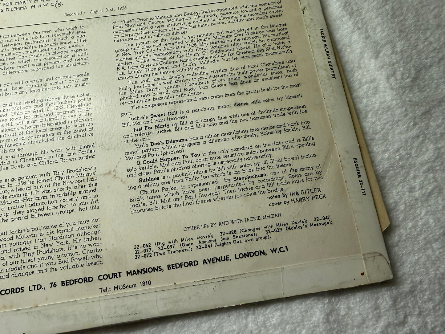 Jackie McLean Quintet Introducing Bill Hardman – Jackie's Pal UK 1st Esquire 32-111