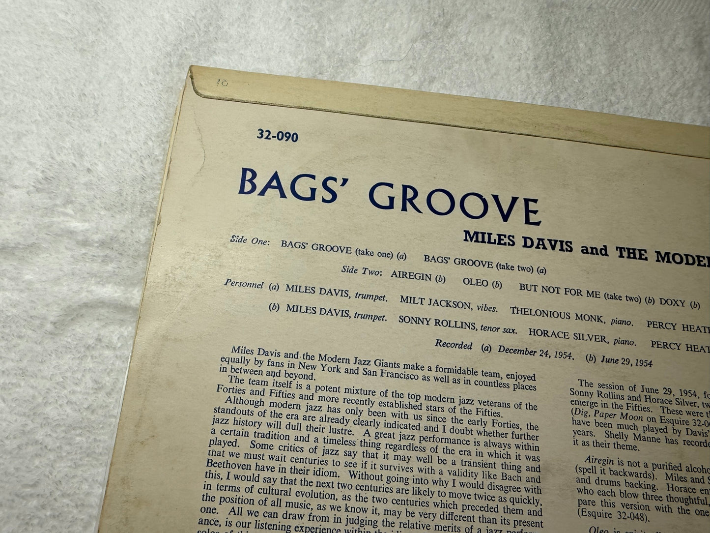 Miles Davis And The Modern Jazz Giants – Bags' Groove UK 1st Esquire 32-090