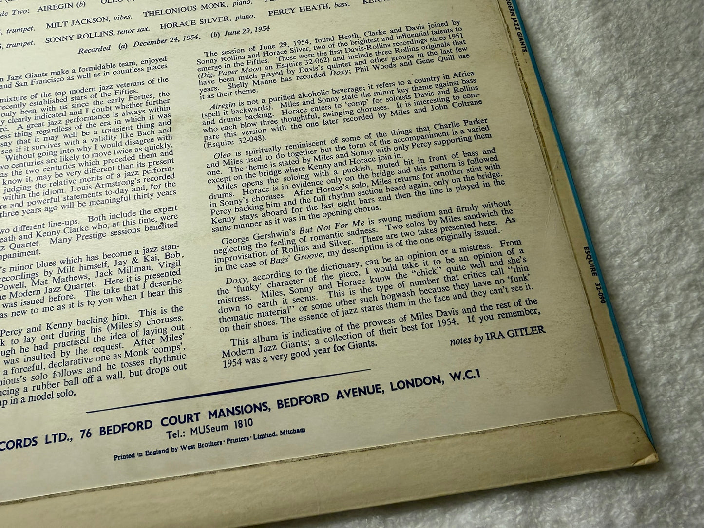 Miles Davis And The Modern Jazz Giants – Bags' Groove UK 1st Esquire 32-090