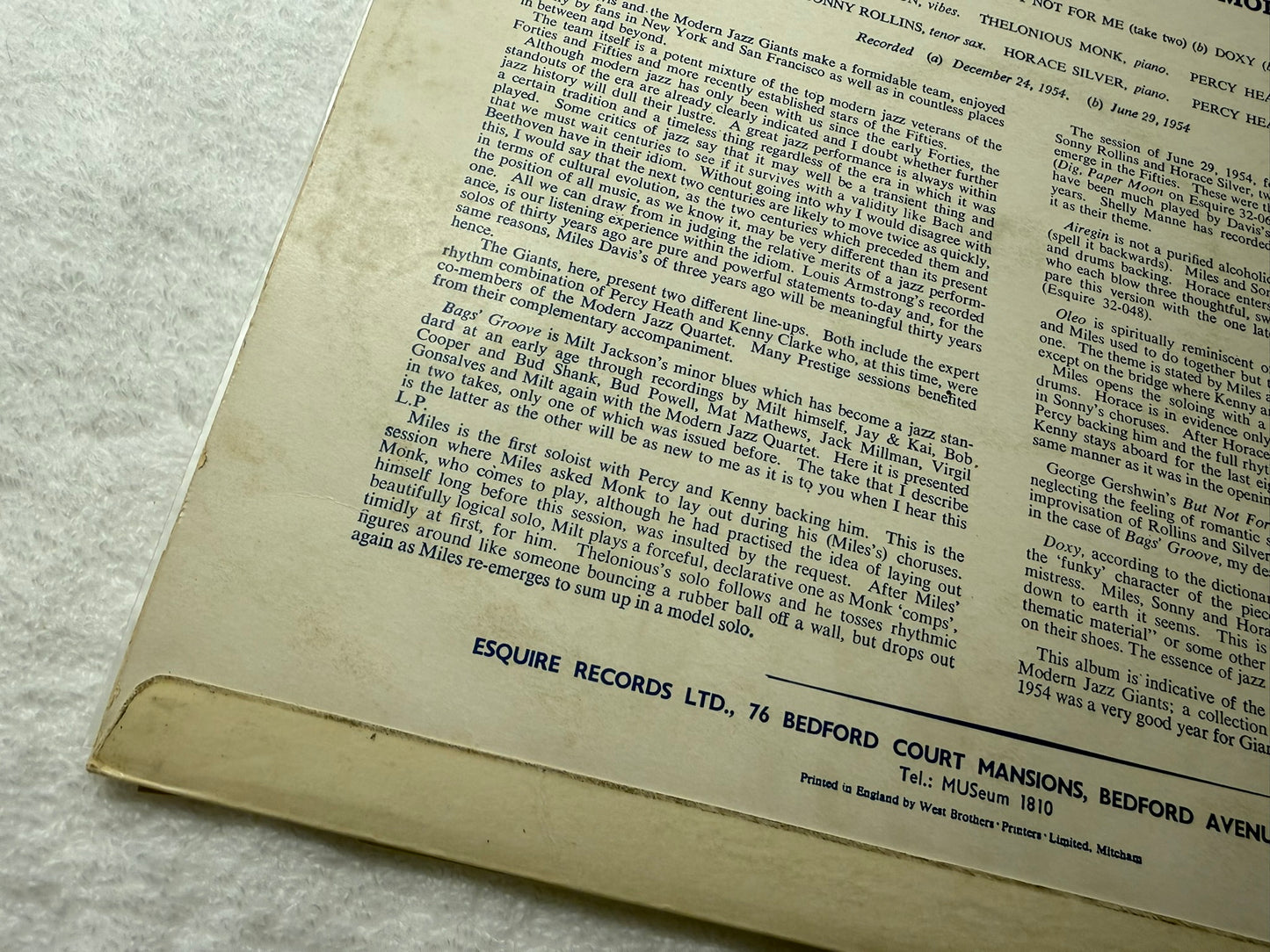 Miles Davis And The Modern Jazz Giants – Bags' Groove UK 1st Esquire 32-090